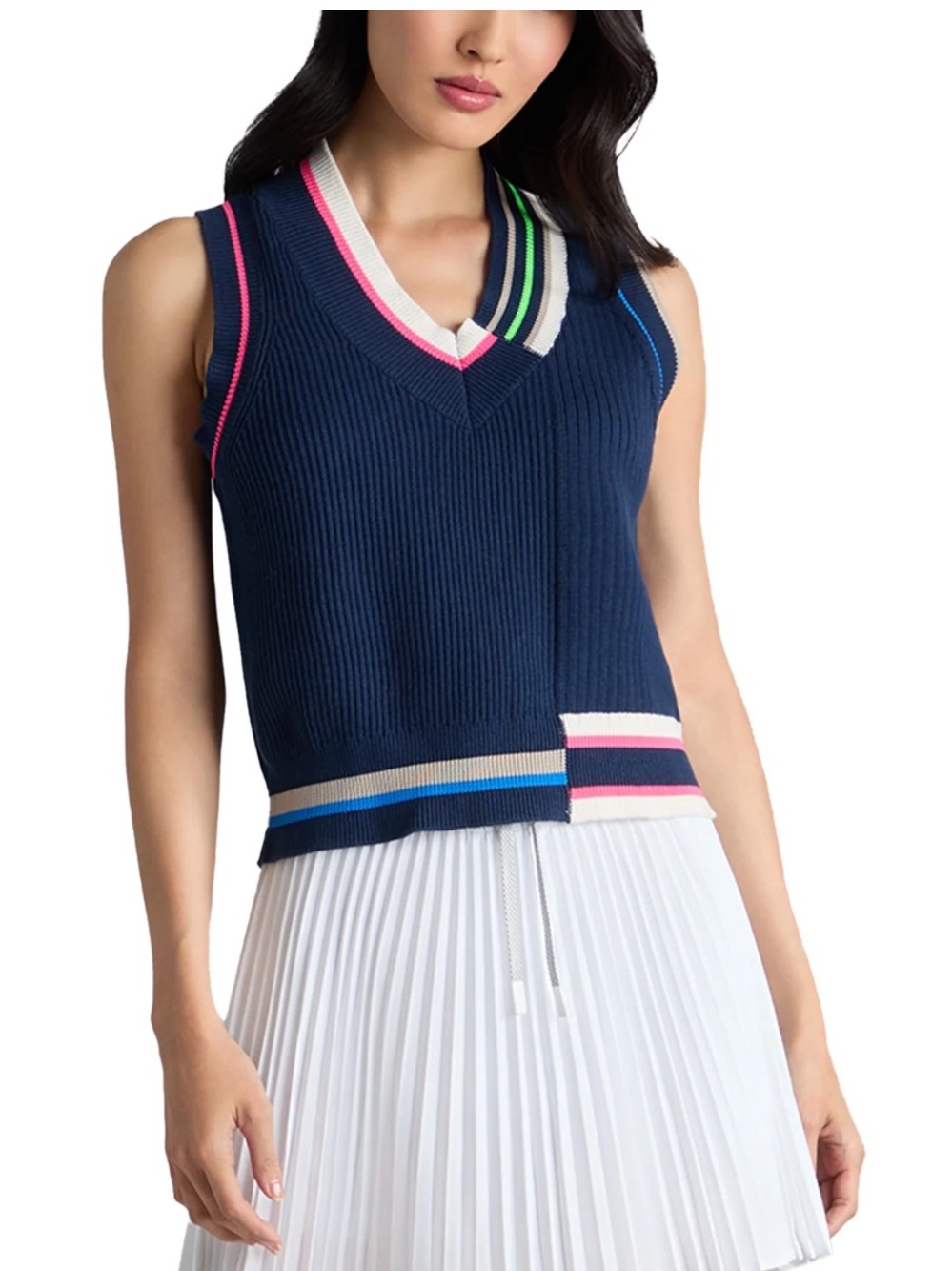 G/FORE Navy Engineered Stripe Knit Golf Vest Sweater Twilight Multi Color Trim L